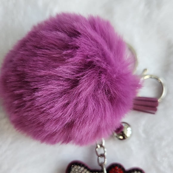 Purple Pom Pom Keychain with Rhinestone Hello Kitty Charm - Picture 4 of 5